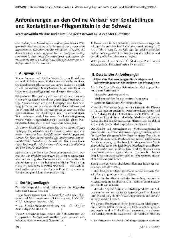 Vorschauseite 1: Anforderungen an den Online Verkauf von Kontaktlinsen und Kontaktlinsen-Pflegemitteln in der Schweiz