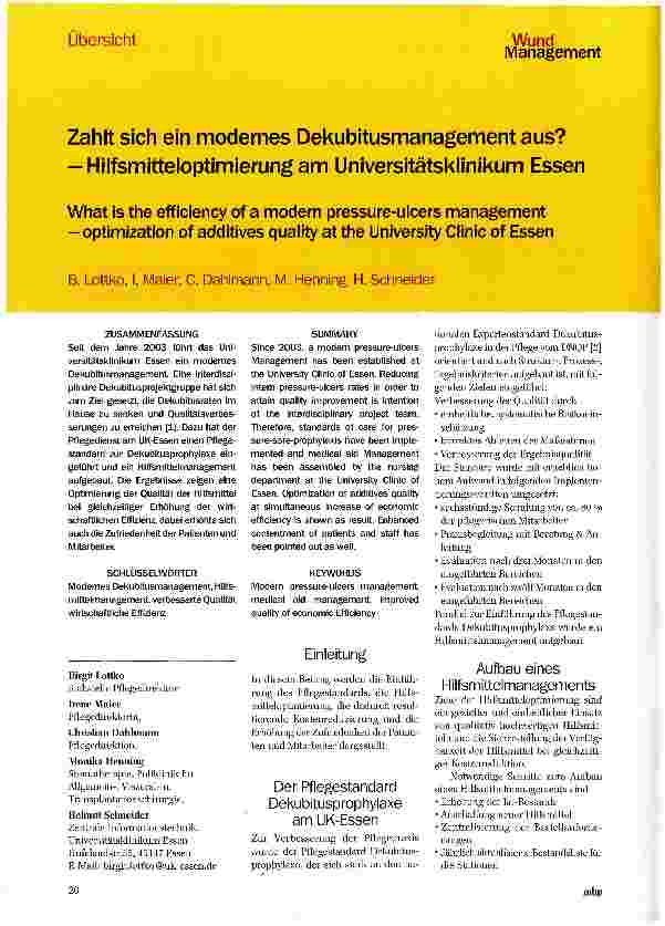 Vorschauseite 1: Zahlt sich ein modernes Dekubitusmanagement aus? -Hilfsmitteloptimierungam Universitätsklinikum Essen