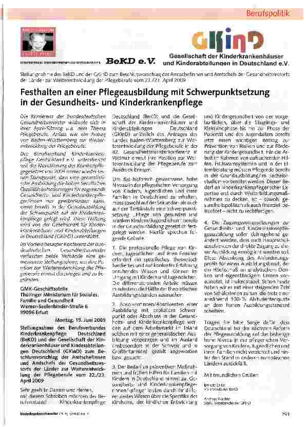 Vorschauseite 1: Festhalten an einer Pflegeausbildung mit Schwerpunktsetzung in der Gesundheitsund Kinderkrankenpflege