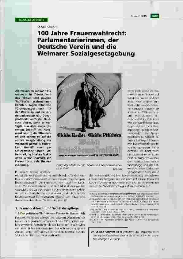 Vorschauseite 1: 100 Jahre Frauenwahlrecht: Parlamentarierinnen, der Deutsche Verein und die Weimarer Sozialgesetzgebung