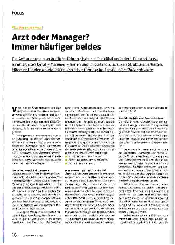 Vorschauseite 1: Arzt oder Manager? Immer häufiger beides