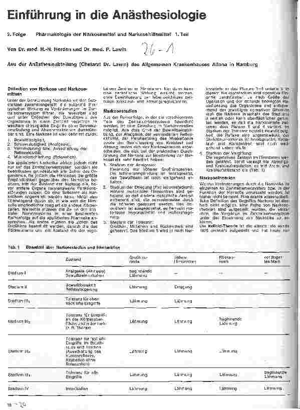 Vorschauseite 1: Einführung in die Anästhesie 2. Folge: Pharmakologie der Narkosemittel u. Narkosehilfsmittel 1.Teil