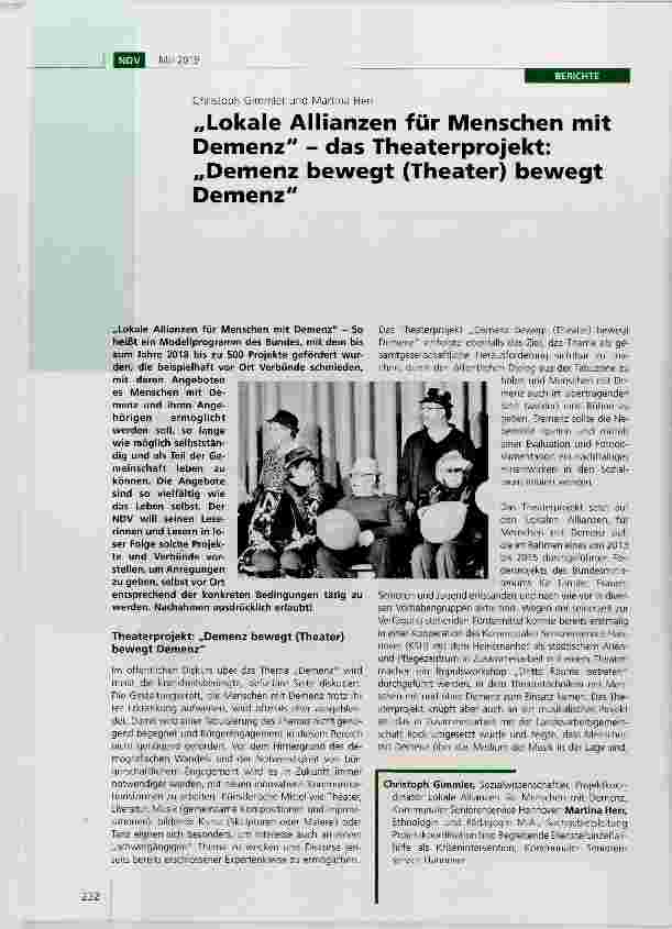 Vorschauseite 1: „Lokale Allianzen für Menschen mit Demenz - das Theaterprojekt: „Demenz bewegt (Theater) bewegt Demenz