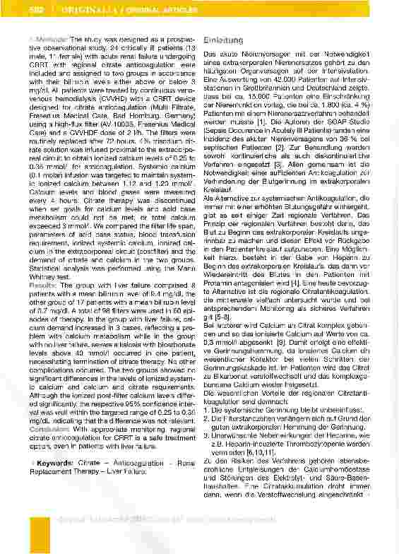 Vorschauseite 2: Kontinuierliche venovenöse Hämodialyse mit regionaler Citratantikoagutation bei Patienten mit Leberinsuffizienz