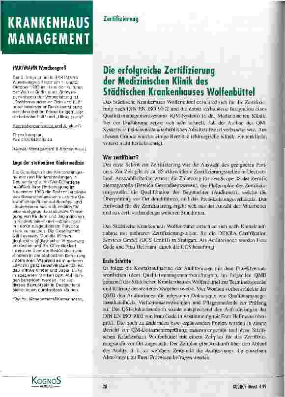 Vorschauseite 1: Die erfolgreiche Zertifizierung der Medizinischen Klinik des Städtischen Krankenhauses Wolfenbüttel