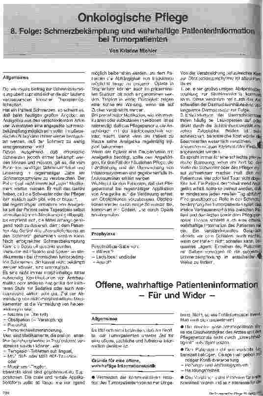 Vorschauseite 1: Onkologische Pflege; 8. Folge: Schmerzbekämpfung und wahrhaftige Patienteninformation bei Tumorpatienten