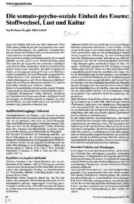 Vorschauseite 1: Die somato-psycho-soziale Einheit des Essens: Stoffwechsel, Lust und Kultur
