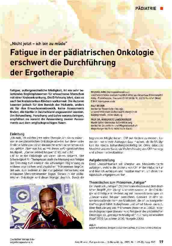 Vorschauseite 1: Fatigue in der pädiatrischen Onkologie erschwert die Durchführung der Ergotherapie