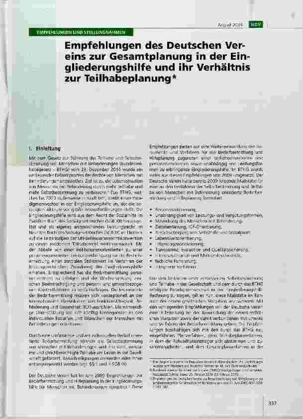 Vorschauseite 1: Empfehlungen des Deutschen Vereins zur Gesamtplanung in der Eingliederungshilfe und ihr Verhältnis zur Teilhabeplanung
