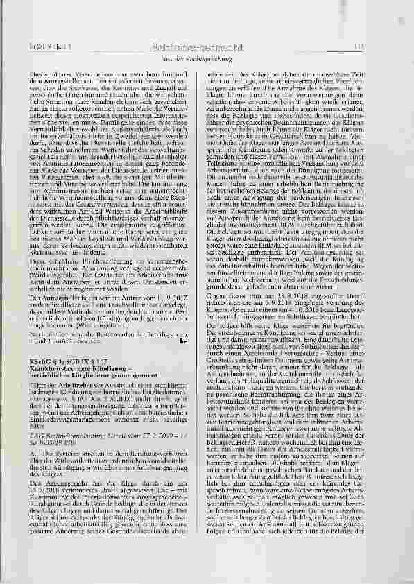 Vorschauseite 1: KSchG § 1; SGB IX § 167 Krankheitsbedingte Kündigung betriebliches Eingliederungsmanagement