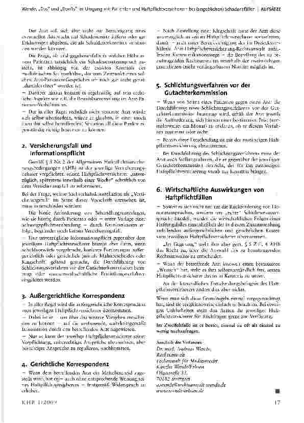 Vorschauseite 2: „Dos und „Don ts im Umgang mit Patienten und Haftpflichtversicherern bei (angeblichen) Schadensfällen