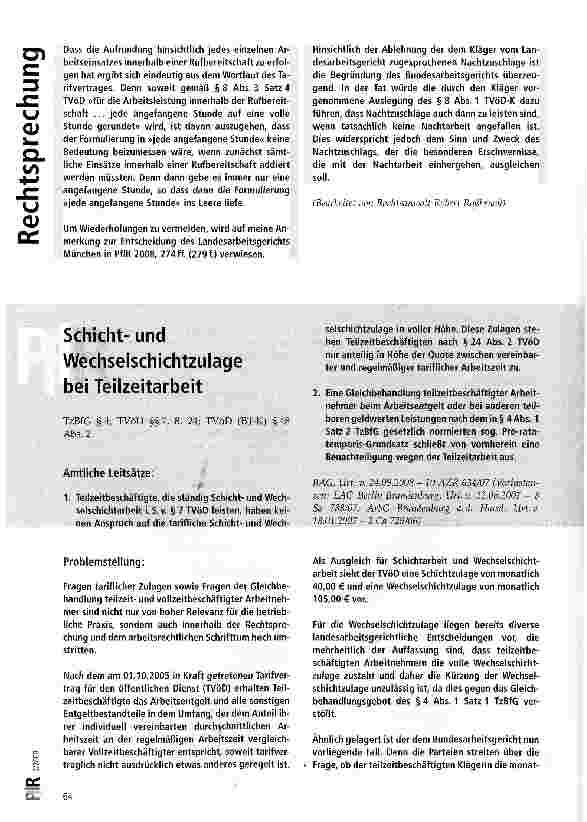 Vorschauseite 1: Schichtund Wechselschichtzulage bei Teilzeitarbeit