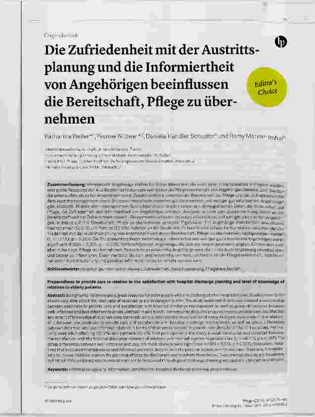 Vorschauseite 1: Die Zufriedenheit mit der Austrittsplanung und die Informiertheit von Angehörigen beeinflussen die Bereitschaft, Pflege zu übernehmen