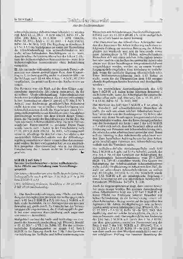 Vorschauseite 1: SGB IX § 165 Satz 2 Interne Stellenbewerber - keine teilhaberechtliche Pflicht zur Einladung zum Vorstellungsgespräch
