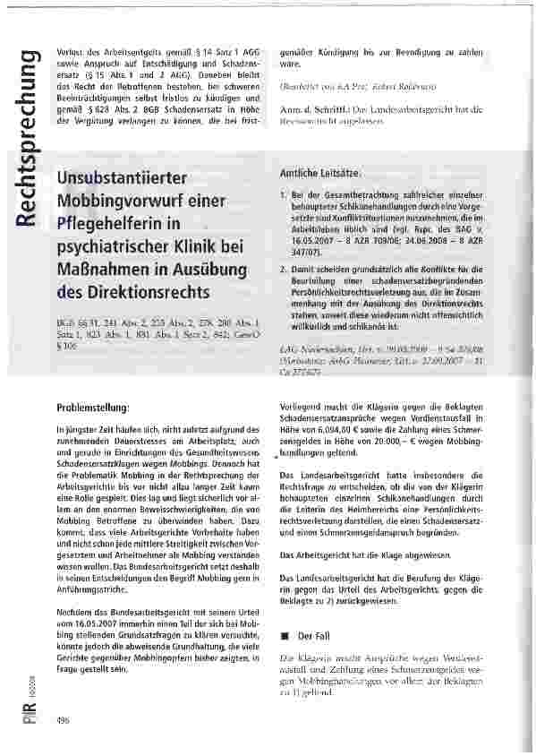 Vorschauseite 1: Unsubstantiierter Mobbingvorwurf einer Pflegehelferin in psychiatrischer Klinik bei Maßnahmen in Ausübung des Direktionsrechts