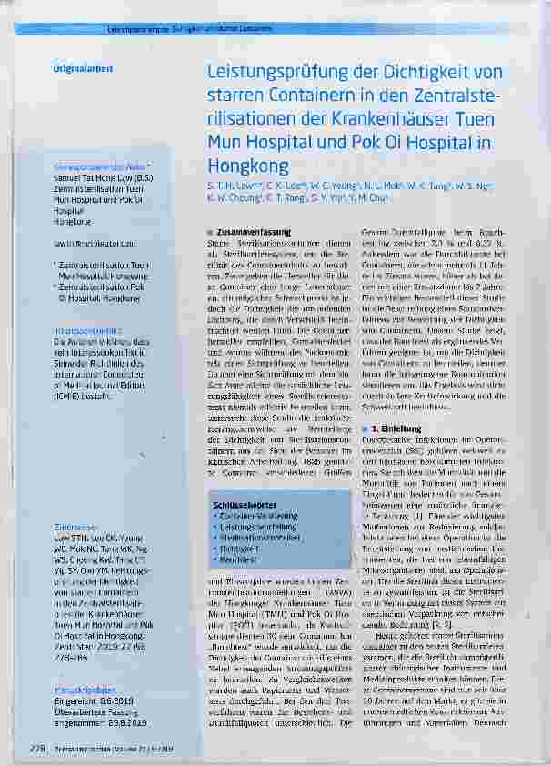 Vorschauseite 1: Leistungsprüfung der Dichtigkeit von starren Containern in den Zentralsterilisationen der Krankenhäuser Tuen Mun Hospital und Pok Oi Hospital in Hongkong