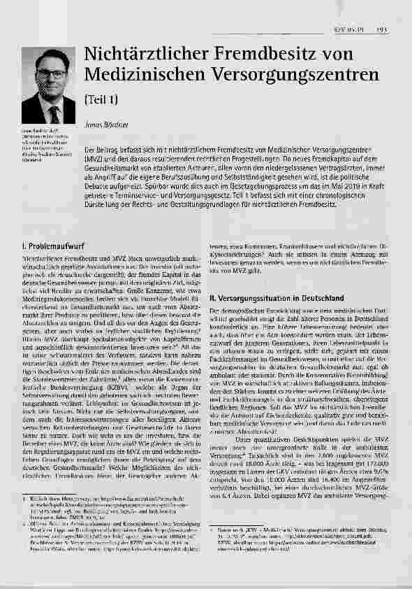 Vorschauseite 1: Nichtärztlicher Fremdbesitz von Medizinischen Versorgungszentren (Teil 1)