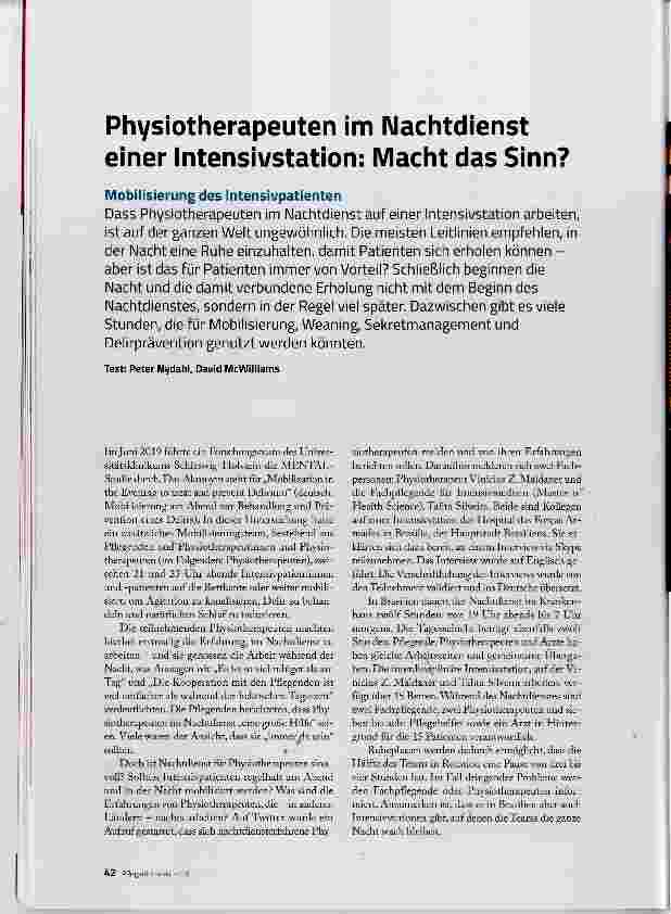 Vorschauseite 1: Physiotherapeuten im Nachtdienst einer Intensivstation: Macht das Sinn?