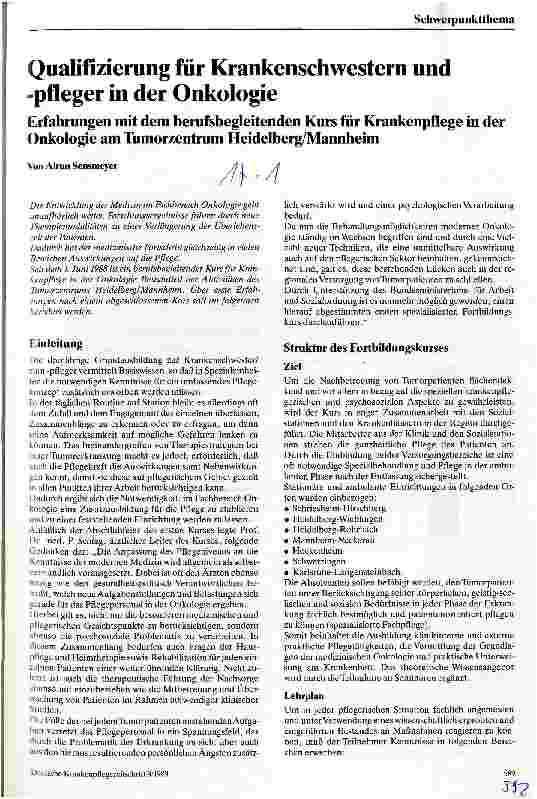 Vorschauseite 1: Qualifizierung für Krankenschwestern und -pfleger in der Onkologie Erfahrungen mit dem berufsbegleitenden Kurs für Krankenpflege