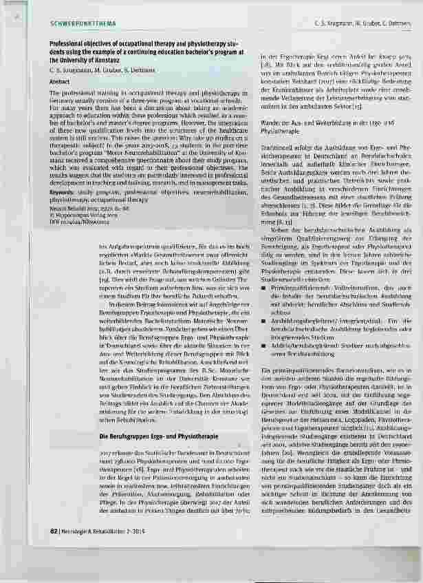 Vorschauseite 2: Berufliche Zielvorstellungen studierender Ergound Physiotherapeuten am Beispiel eines weiterbildenden Bachelorstudiengangs an der Universität Konstanz