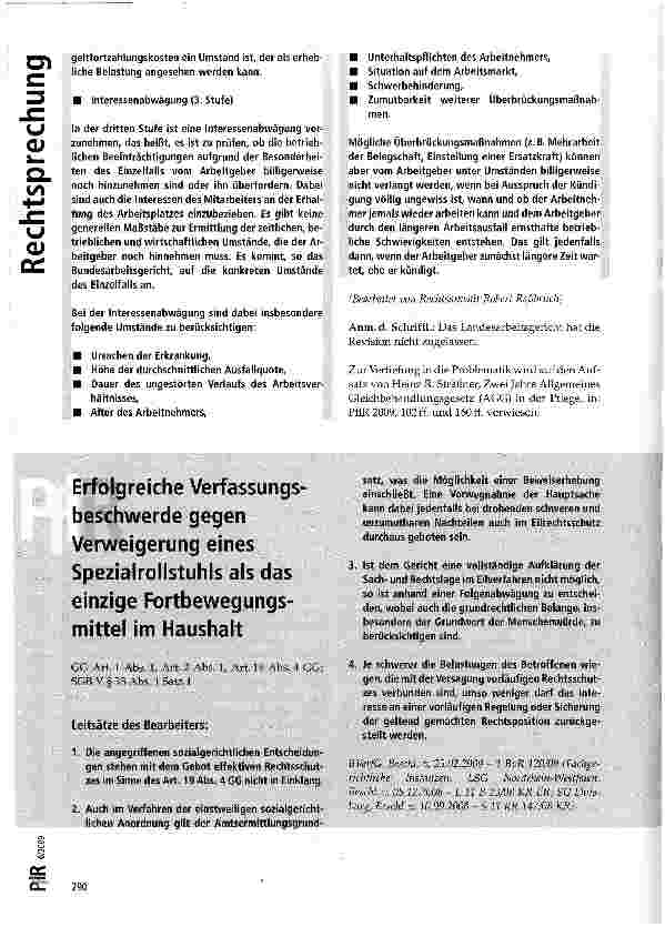 Vorschauseite 1: Erfolgreiche Verfassungsbeschwerde gegen Verweigerung eines Spezialrollstuhls als das einzige Fortbewegungsmittel im Haushalt