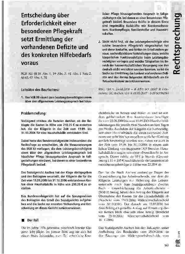Vorschauseite 1: Entscheidung über Erforderlichkeit einer besonderen Pflegekraft setzt Ermittlung der vorhandenen Defizite und des konkreten Hilfebedarfs voraus