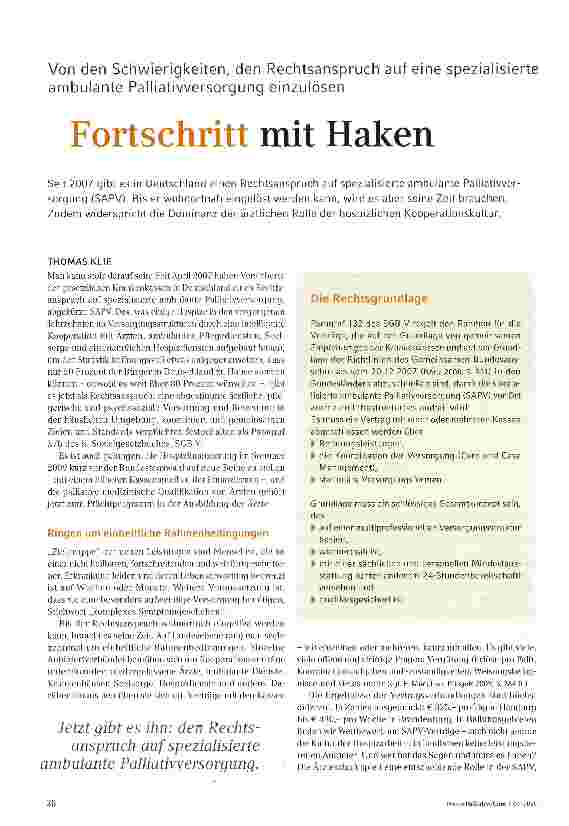 Vorschauseite 1: Von den Schwierigkeiten, den Rechtsanspruch auf eine spezialisierte ambulante Palliativversorgung einzulösen. Fortschritt mit Haken