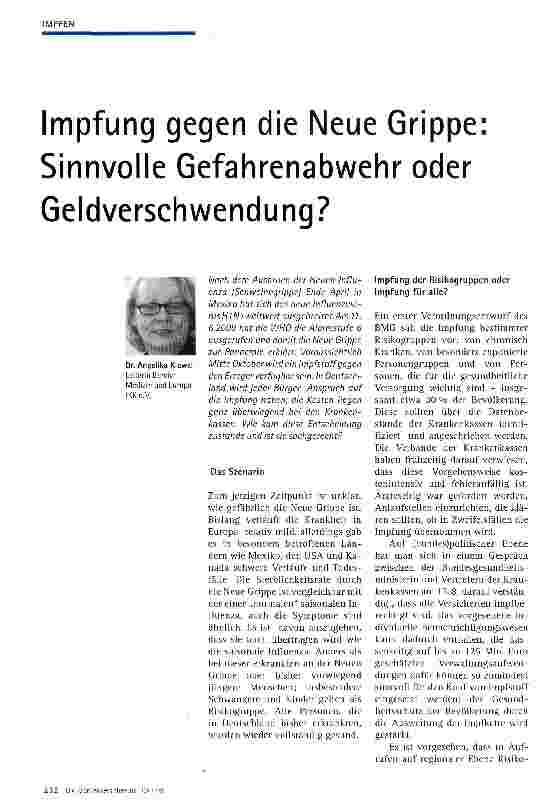 Vorschauseite 1: Impfung gegen die Neue Grippe: Sinnvolle Gefahrenabwehr oder Geldverschwendung?