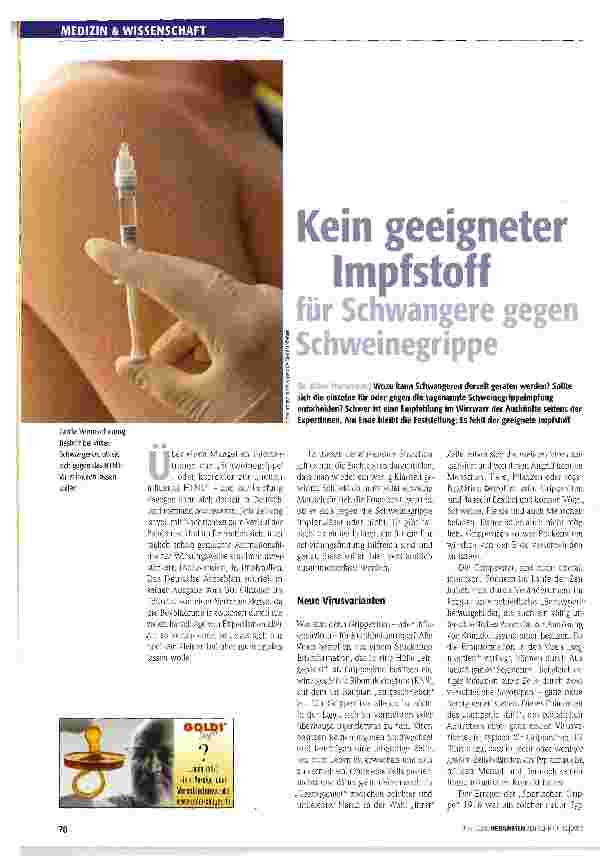 Vorschauseite 1: Kein geeigneter Impfstoff für Schwangere gegen Schweinegrippe
