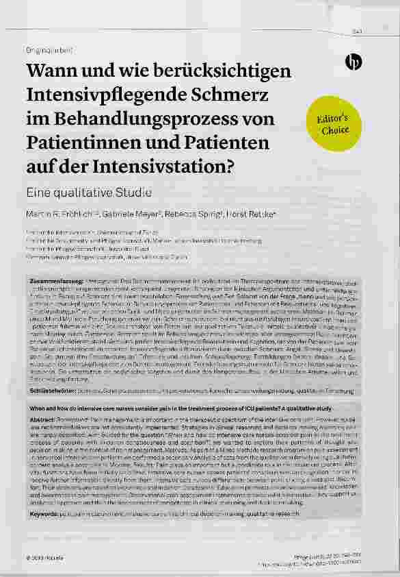 Vorschauseite 1: Wann und wie berücksichtigen Intensivpflegende Schmerz im Behandlungsprozess von Patientinnen und Patienten auf der Intensivstation?
