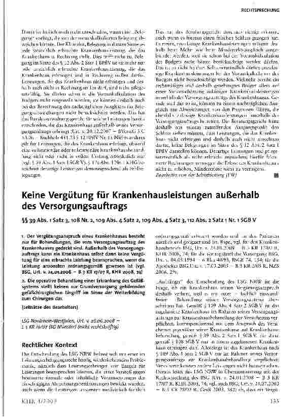 Vorschauseite 1: Keine Vergütung für Krankenhausleistungen außerhalb des Versorgungsauftrags