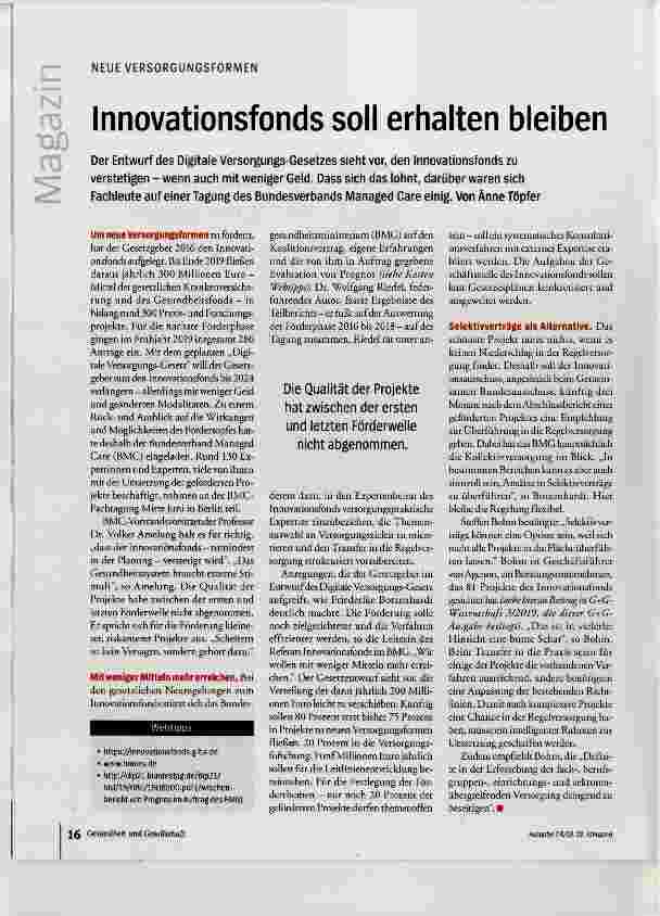 Vorschauseite 1: Innovationsfonds soll erhalten bleiben