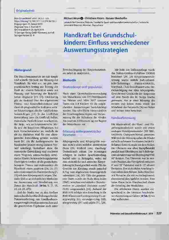 Vorschauseite 1: Handkraft bei Grundschulkindern: Einfluss verschiedener Auswertungsstrategien