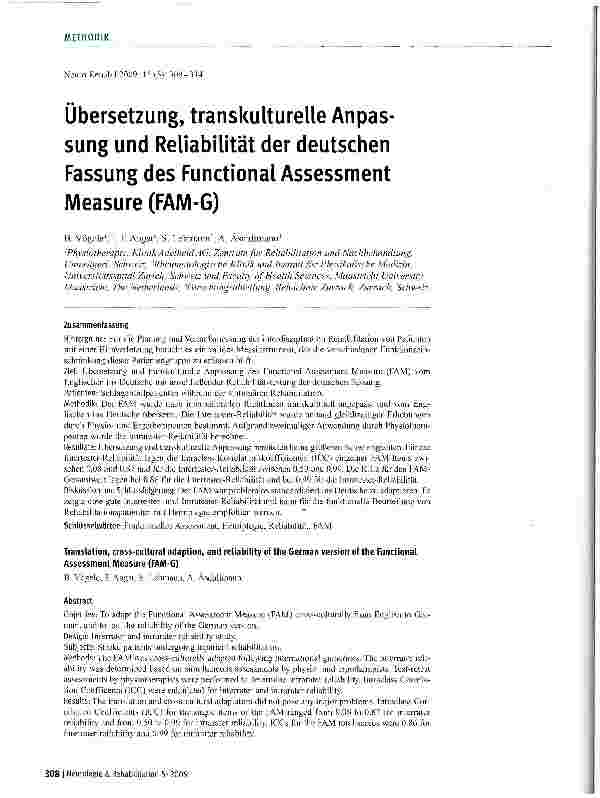 Vorschauseite 1: Übersetzung, transkulturelle Anpassung und Reliabilität der deutschen Fassung des Functional Assessment Measure (FAM-G)