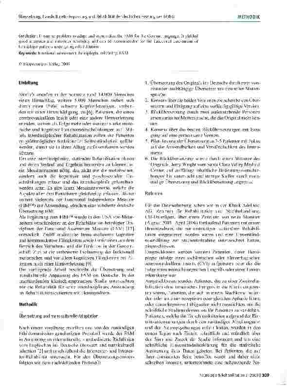 Vorschauseite 2: Übersetzung, transkulturelle Anpassung und Reliabilität der deutschen Fassung des Functional Assessment Measure (FAM-G)