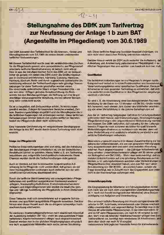 Vorschauseite 1: Stellungnahme des DBfK zum Tarifvertrag zur Neufassung der Anlage 1b zum BAT (Angestellte im Pflegedienst) vom 30. 6. 1989