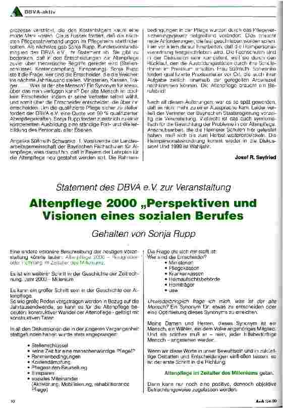 Vorschauseite 1: Altenpflege 2000 Perspektiven und Visionen eines sozialen Berufes