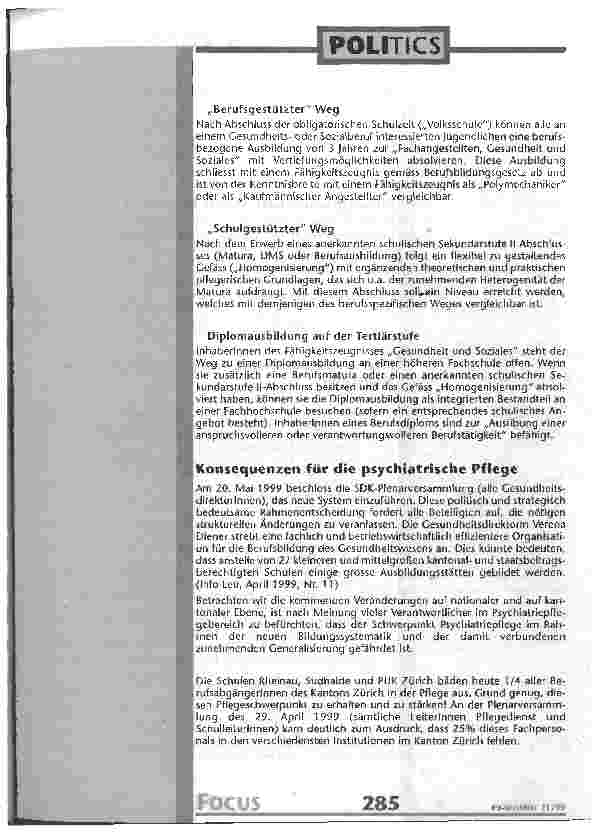 Vorschauseite 2: Qualitätseinbussen bei der psychiatrischen Pflege des 21. Jahrhunderts? Brisantes Thema am Psychiatriepflege-Fortbildungsseminar in Zürich