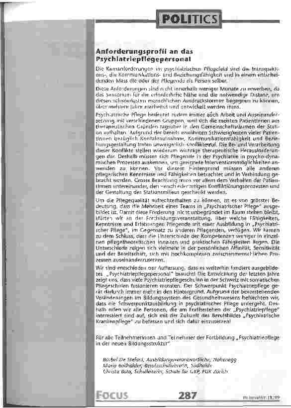Vorschauseite 4: Qualitätseinbussen bei der psychiatrischen Pflege des 21. Jahrhunderts? Brisantes Thema am Psychiatriepflege-Fortbildungsseminar in Zürich