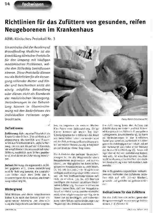 Vorschauseite 1: Richtlinien für das Zufüttern von gesunden, reifen Neugeborenen im Krankenhaus