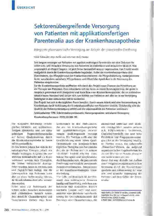 Vorschauseite 1: Sektorenübergreifende Versorgung von Patienten mit applikationsfertigen Parenteralia aus der Krankenhausapotheke