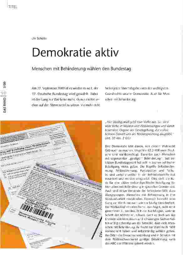Vorschauseite 1: Demokratie aktivMenschen mit Behinderung wählen den Bundestag