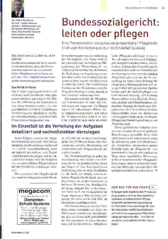 Vorschauseite 1: Bundessozialgericht leiten oder pflegenEine Personalunion zwischen verantwortlicher Pflegefachkraft und Heimleitung ist nur im Einzelfall zulässig