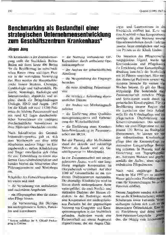 Vorschauseite 1: Benchmarking als Bestandteil einer strategischen Unternehmensentwicklung zum Geschäftszentrum Krankenhaus