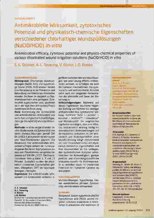Vorschauseite 1: Antimikrobielle Wirksamkeit, zytotoxisches Potenzial und physikalisch-chemische Eigenschaften verschiedener chlorhaltiger Wundspüllösungen (NaCIO/HClO)