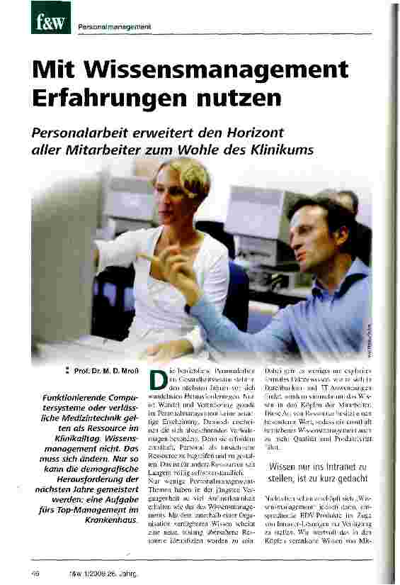Vorschauseite 1: Mit Wissensmanagement Erfahrungen nutzenPersonalarbeit erweitert den Horizont aller Mitarbeiter zum Wohle des Klinikums