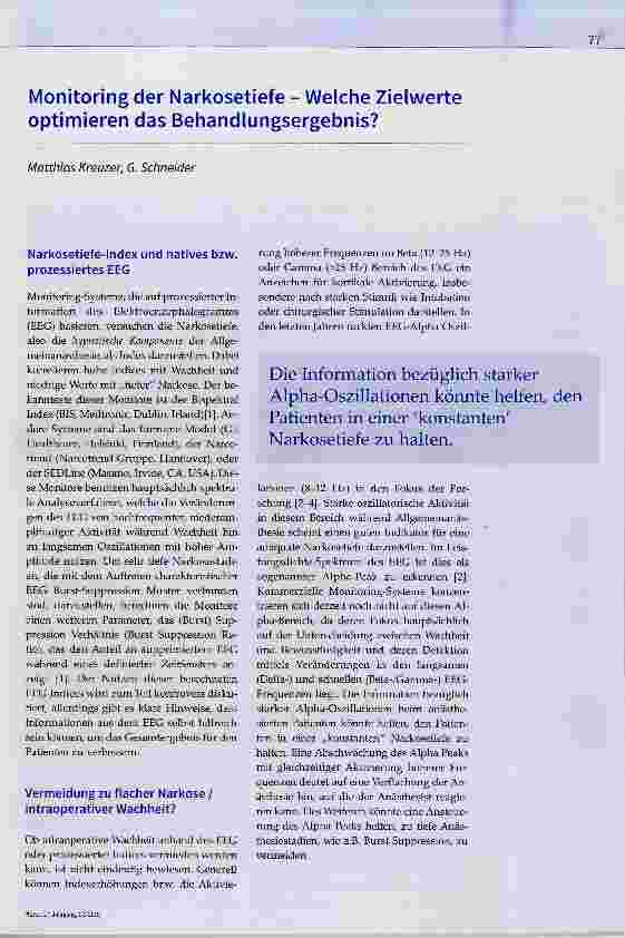 Vorschauseite 1: Monitoring der Narkosetiefe Welche Zielwerte optimieren das Behandlungsergebnis?