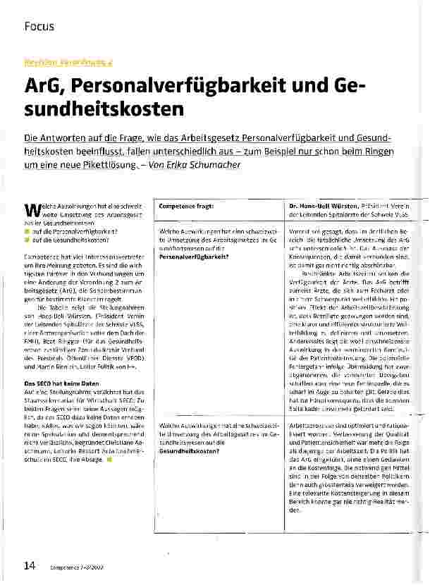 Vorschauseite 1: ArG, Personalverfügbarkeit und Gesundheitskosten