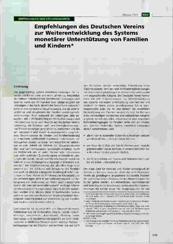 Vorschauseite 1: Empfehlungen des Deutschen Vereins zur Weiterentwicklung des Systems monetärer Unterstützung von Familien und Kindern