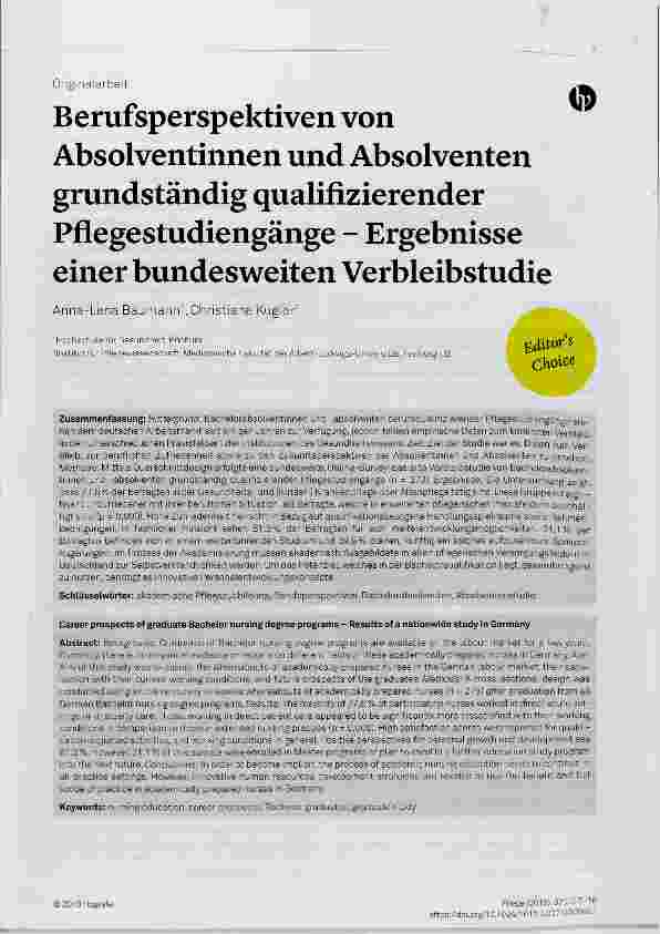 Vorschauseite 1: Berufsperspektiven von Absolventinnen und Absolventen grundständig qualifizierender Pflegestudiengänge - Ergebnisse einer bundesweiten Verbleibstudie
